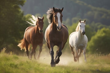 Obraz na płótnie Canvas horses running on green meadow with nice landscape