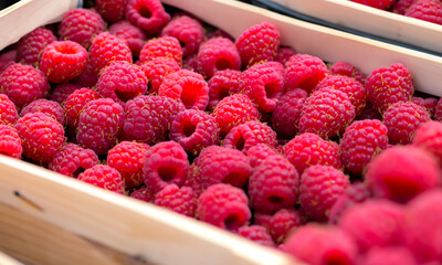 Reife frische Himbeeren in Nahaufnahme, die auf einem lokalen Markt angeboten werden.