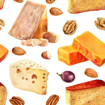 Seamless pattern with cheese and nuts. Hand drawn watercolor illustration
