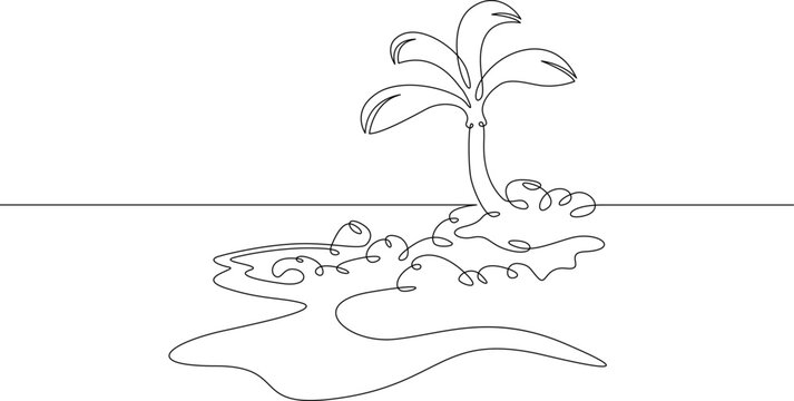 Tropical sea coast. Oceanic beach. Palm trees on the ocean.One continuous line. Linear.One continuous line drawn isolated, white background.