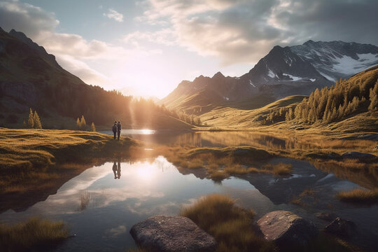 Lone hiker standing in front of a panorama in the mountains
