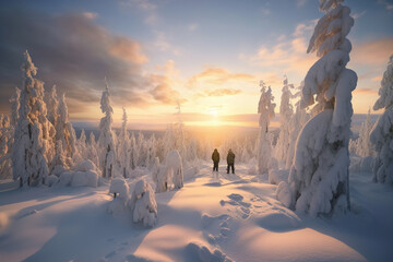 Hikers enjoying a sunset in the winter landscape of a snow covered forest