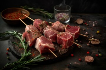 Pork skewers raw spices. Generate Ai