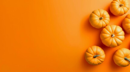 Pumpkins on orange background with copy space as design for Halloween or Thanksgiving day. Generative AI.
