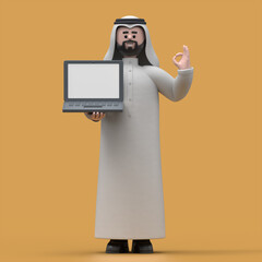 3D illustration of a smiling Arab man Hadi  with ok gesture showing business charts at screen laptop computer. Portraits of cartoon characters with okay sign, working in office and analysing infograph