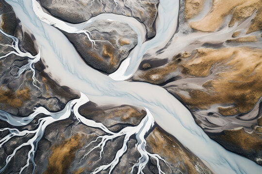  Aerial Photograph of a Glacial River Delta in Iceland with many meandering branches and veins
