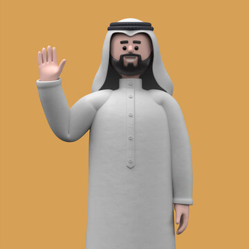 3D illustration of a happy greeting gesture Arab man Hadi  waving hand. Portraits of cartoon characters smiling businessman saying hello,3D rendering on yellow background.

