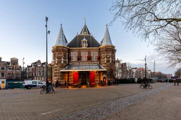 Medieval city gate of Amsterdam at dusk