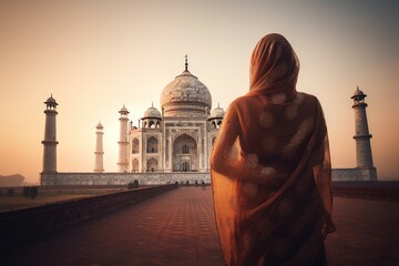 Taj Mahal woman back. Generate Ai - obrazy, fototapety, plakaty