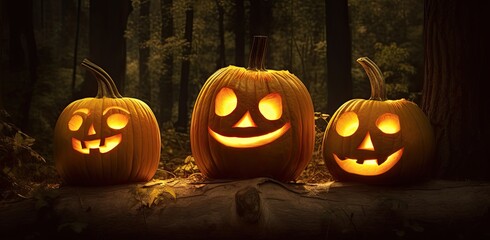 Halloween pumpkins Jack-o'-Lanterns glowing in the dark at sunset. Generative AI