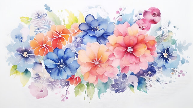 Watercolor floral composition with blooming flowers in bright colors. Colorful botany horizontal AI illustration. For design, poster, fabric, wallpaper, invitation, wedding and greeting cards.