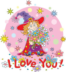 I love you card with a funny little fairy holding a beautiful bouquet of summer flowers, vector cartoon illustration