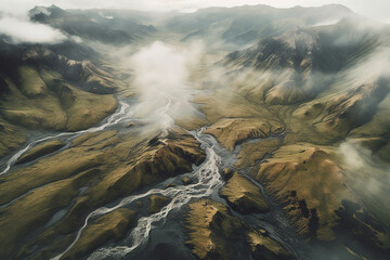 Aerial Photograph of a Glacial River Delta in Iceland with many meandering branches and veins