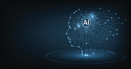 Electronic Brain and Concept of artificial intelligence(AI).Graphic of a digital brain and Human head outline made from the circuit board, connecting on dark blue background.