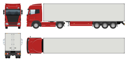 Semi trailer truck vector template with simple colors without gradients and effects. View from side, front, back, and top