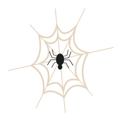 Spider on a web. Black and sand color. Isolated flat design illustration.