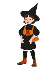 Halloween young woman witch with kind face, pumpkin basket with candies, closed eyes. Isolated flat design.