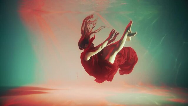 Fantasy mystery woman dancer swims underwater in magic neon green red light. Fairy tale Beauty Girl princess soars floating in dream colorful water. Art dancing waving silk dress. fashion model posing