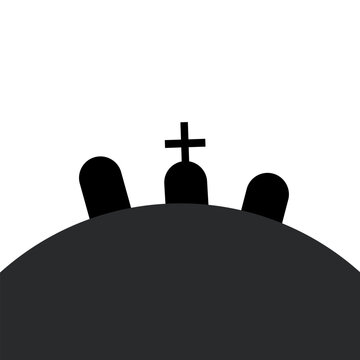 Three Graves On A Cemetery, A Hill. Halloween Object, Grave With A Cross. Simple Icon, Flat Design Illustration.