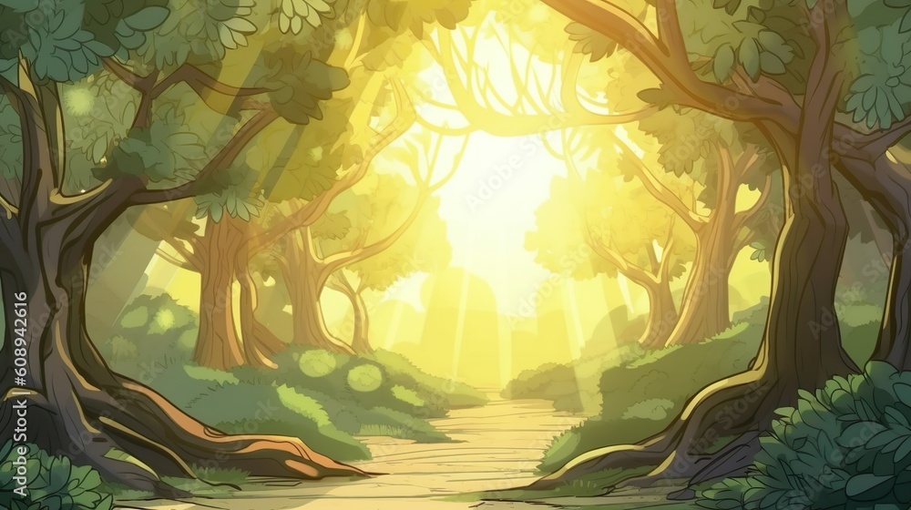 Poster background sunbeams through the forest. an abstract background banner design featuring a illustratio