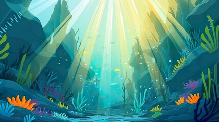 Background sunbeams through the ocean. An abstract background banner design featuring a mesmerizing  illustration of sunbeams radiating through the tranquil expanse of an ocean. Generative AI.