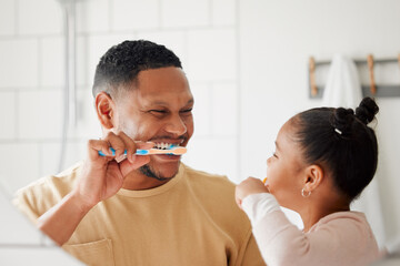 Father, child and brushing teeth in a family home bathroom for dental health and wellness in a mirror. Happy african man and girl kid learning to clean mouth with a toothbrush for oral hygiene