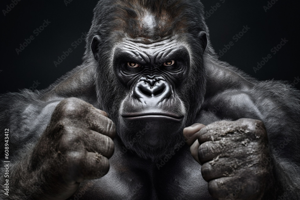 Poster a powerful photograph of a gorilla, portraying its muscular build and intelligent expression. genera