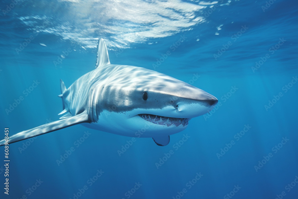 Poster a captivating photograph of a shark swimming in clear blue waters, highlighting its sleek and powerf
