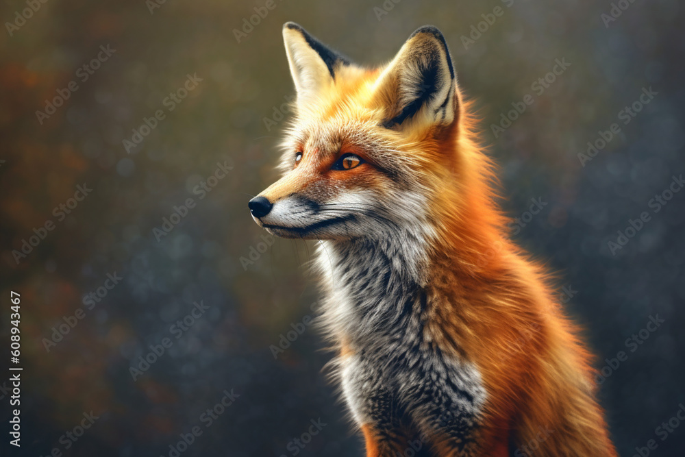 Poster a beautiful photograph of a fox, displaying its elegant red or orange coat and intelligent expressio