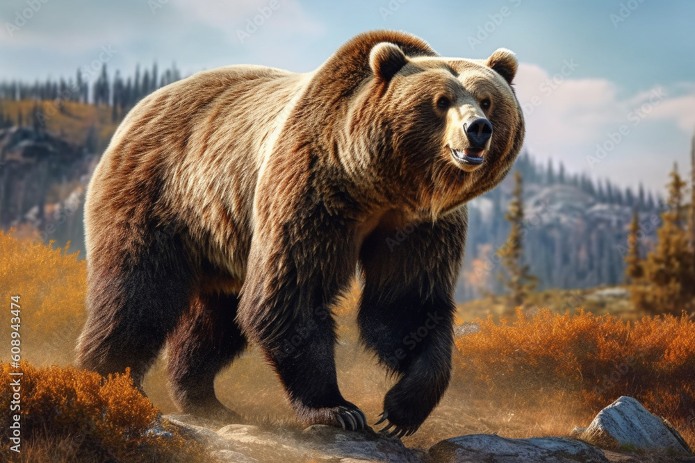 Poster  An impressive image of a grizzly bear, capturing its muscular build and distinctive hump on its back.  Generative AI technology.