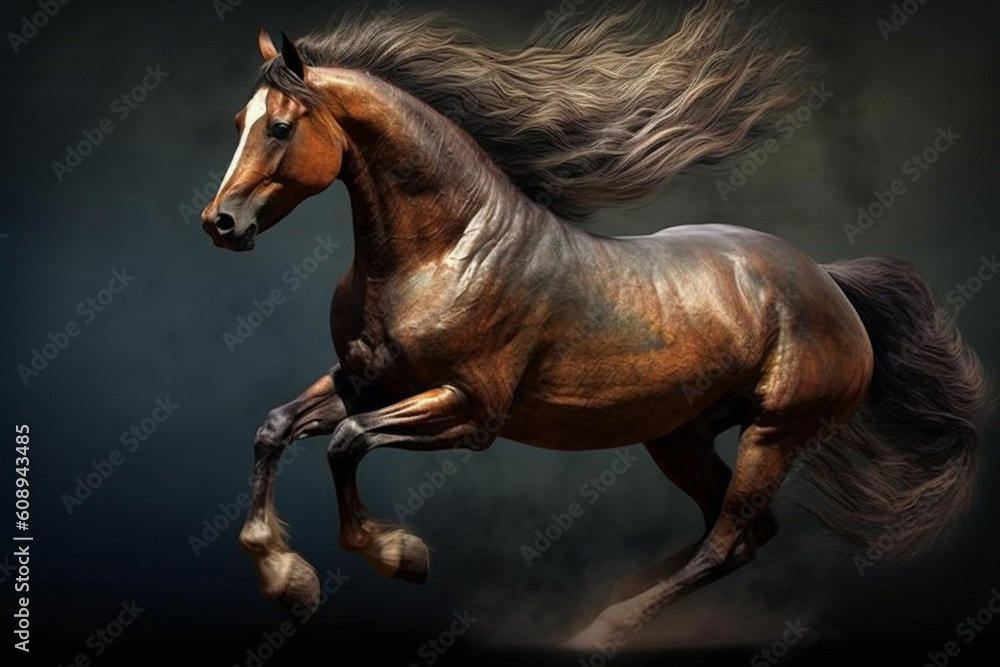 Poster a majestic image of a horse in motion, displaying its strong and graceful physique. generative ai te