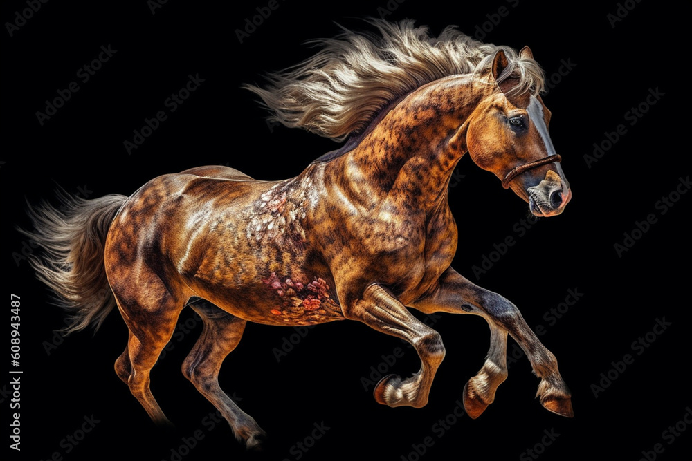 Poster a majestic image of a horse in motion, displaying its strong and graceful physique. generative ai te