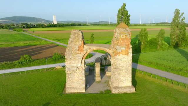 Old Roman Gate Heidentor In Carnuntum, Austria - aerial shot