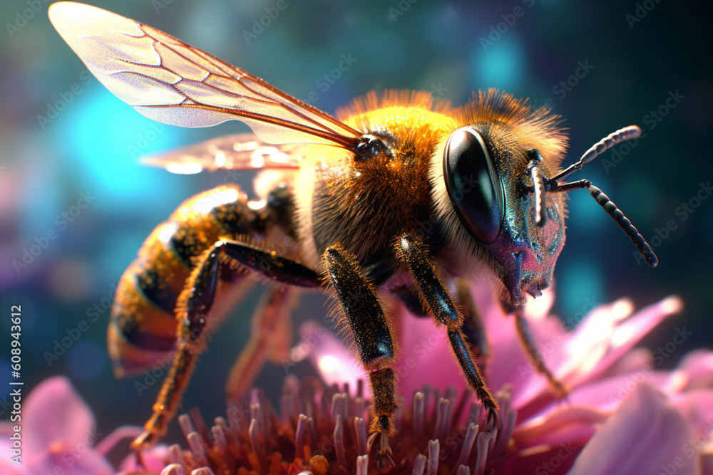 Poster a close-up shot of a bee collecting nectar, showcasing its fuzzy body and busy nature. generative ai