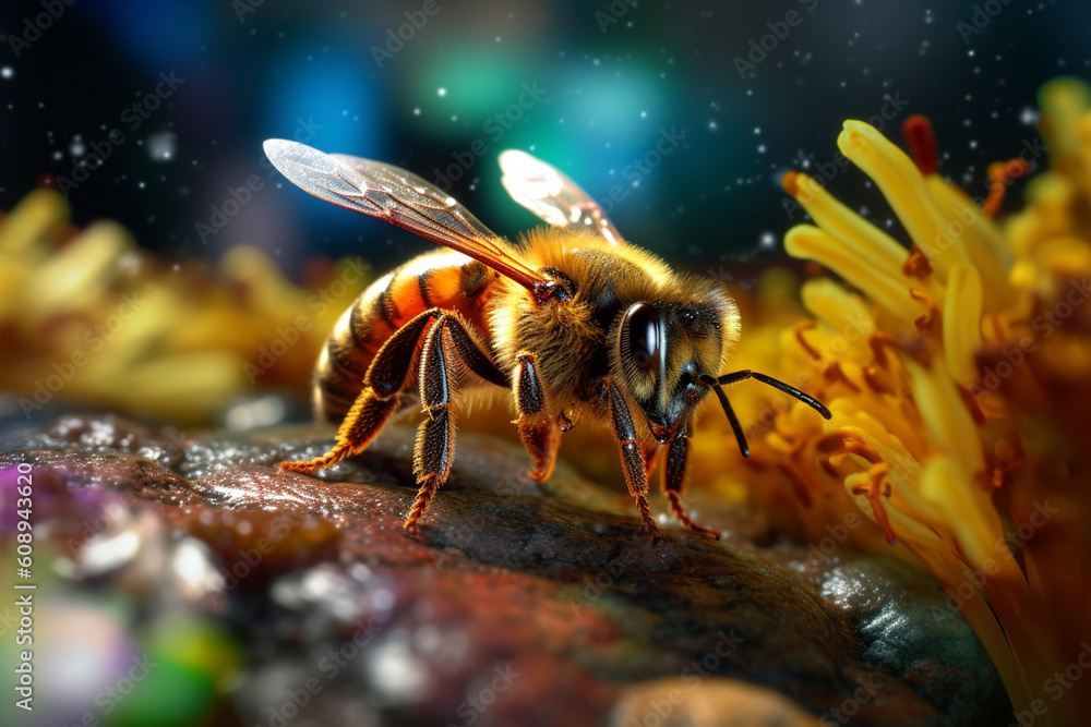 Poster a close-up shot of a bee collecting nectar, showcasing its fuzzy body and busy nature. generative ai