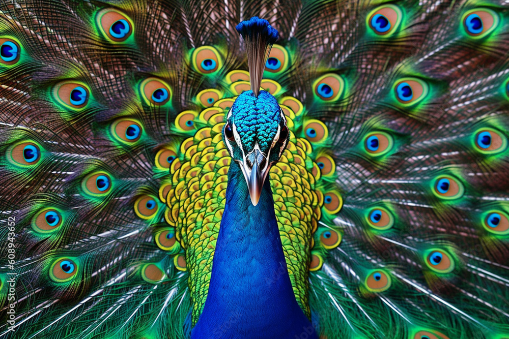 Poster a stunning image of a peacock with its magnificent, iridescent tail feathers fully spread. generativ