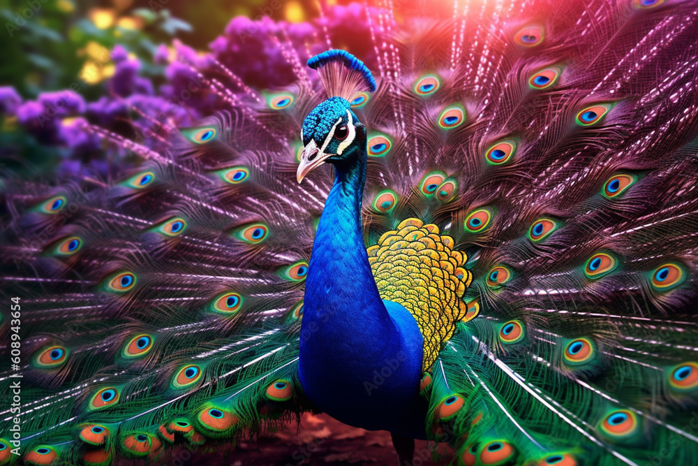 Poster a stunning image of a peacock with its magnificent, iridescent tail feathers fully spread. generativ