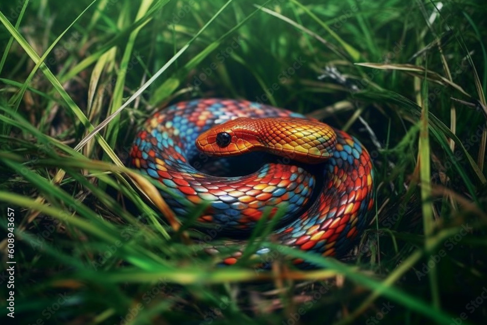 Poster  A mesmerizing photograph of a snake slithering through grass, showcasing its sinuous form and unique patterns.  Generative AI technology.