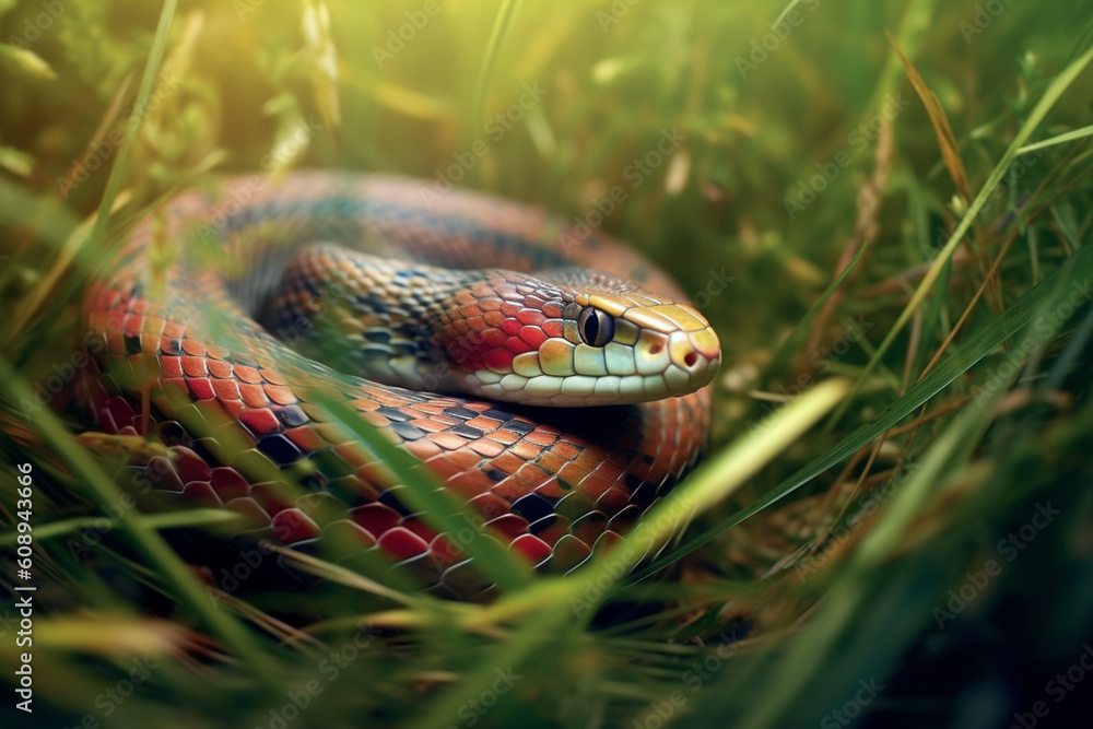 Poster  A mesmerizing photograph of a snake slithering through grass, showcasing its sinuous form and unique patterns.  Generative AI technology.