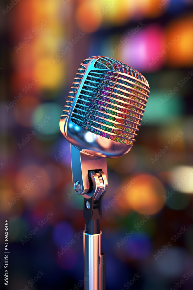 Poster A microphone in focus against a blurred background, symbolizing the power and importance of sound amplification and communication.  Generative AI technology.