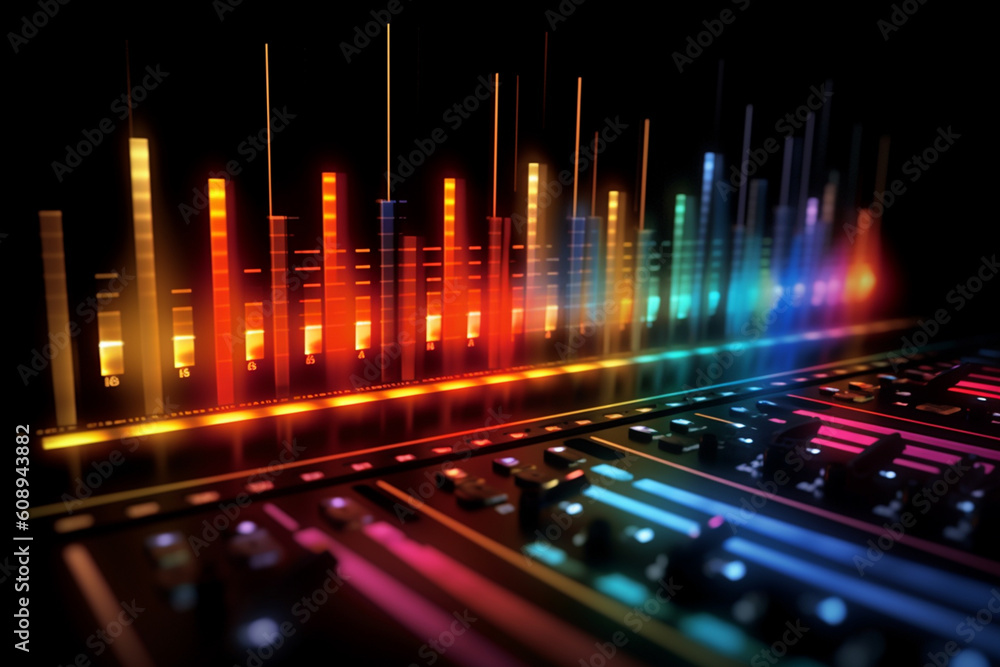 Aufkleber  A digital equalizer display with moving bars and pulsating lights, representing the audio frequencies and intensity of a sound system.  Generative AI technology.