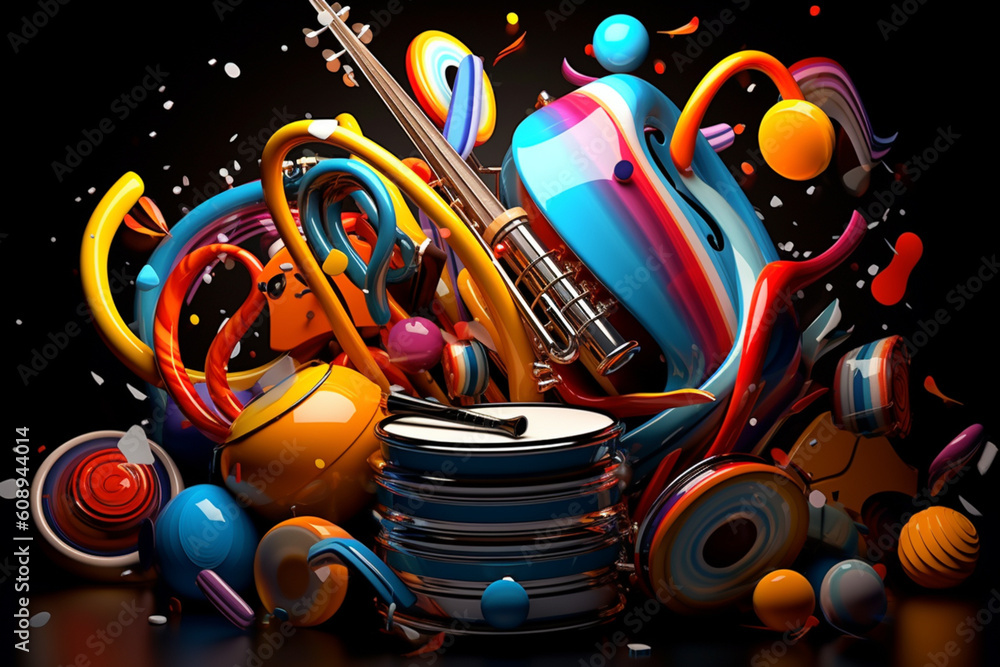 Poster An abstract composition of musical instruments, notes, and sound waves intertwined, representing the interconnectedness of different elements in the world of sound. Generative AI technology.