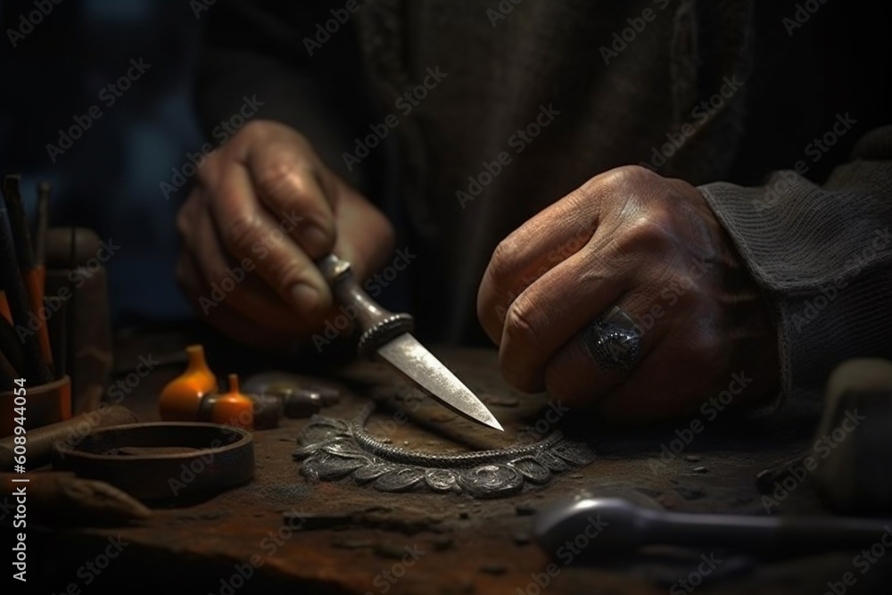 Poster  A blacksmith forging a knife blade, showcasing the intricate details and precision required to create functional and beautiful blades.  Generative AI technology.