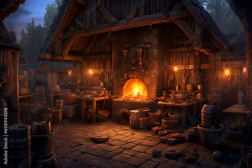 Poster an image of a blacksmith's workshop at dusk, with glowing embers and the warm glow of fire, creating