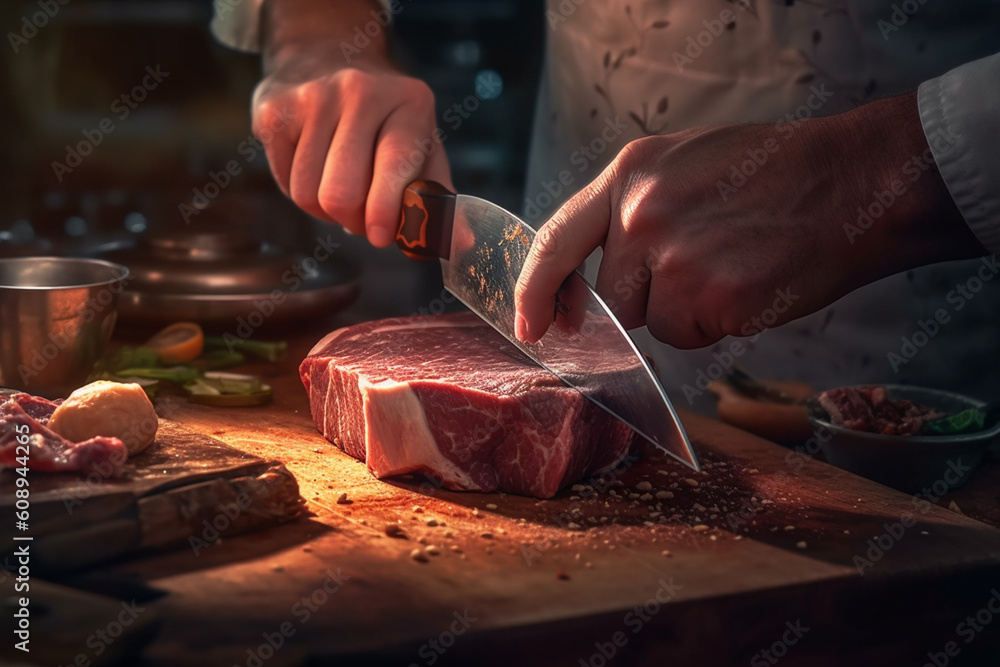 Aufkleber  A butcher sharpening a large meat cleaver, highlighting the importance of sharp tools in the trade.  Generative AI technology.