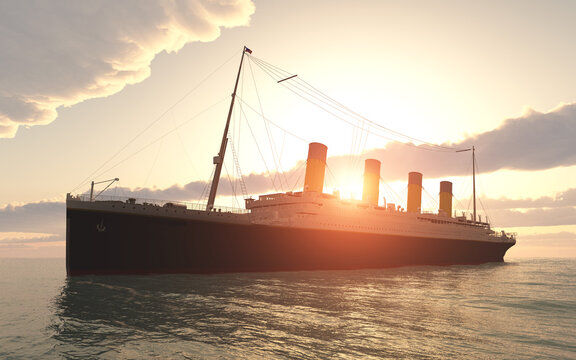 Historisches Passagierschiff Titanic auf hoher See bei Sonnenuntergang