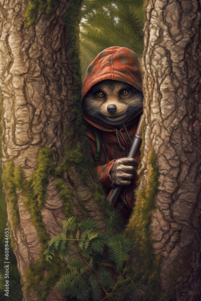 Aufkleber An artistic depiction of a bandit hiding in a forest, peeking out from behind a tree with a mischievous smile,   Generative AI technology.