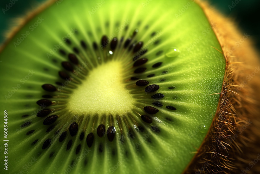 Poster a close-up photograph of a sliced kiwi, revealing its vibrant green flesh speckled with tiny black s