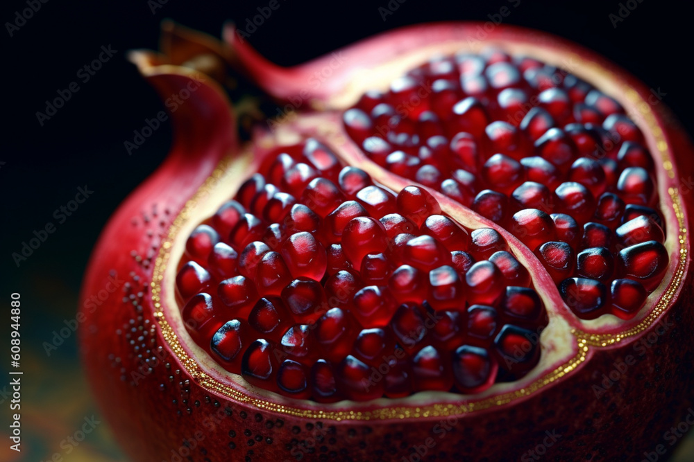 Poster  A close-up photograph of a sliced pomegranate, showcasing its ruby-red arils and the intricate pattern they form.  Generative AI technology.