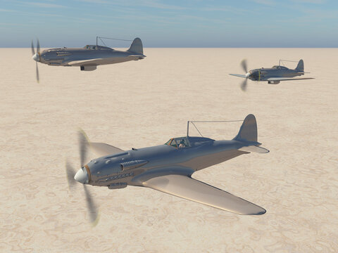 Italienische Jagdflugzeuge aus dem zweiten Weltkrieg über einer Wüste
